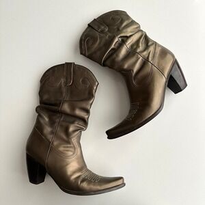 Matisse Gold Metallic Leather Heeled Pull On Western Cowboy Slouch Boots 8.5‎